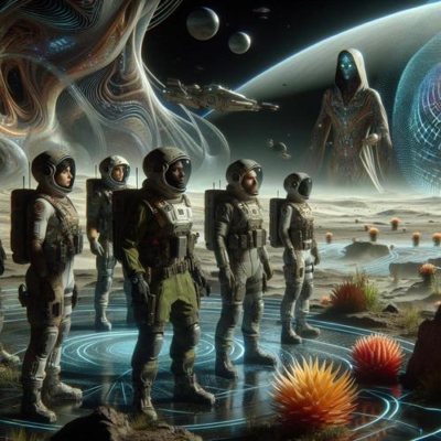 Ein futuristisches Science-Fiction-Szenario auf einem fremden Planeten: Eine Eliteeinheit in hochentwickelten Raumanzügen erkundet eine mysteriöse, surreal verzerrte Landschaft. Im Hintergrund schwebt ein rätselhaftes, schimmerndes Wesen, das die Realität zu manipulieren scheint. Die Umgebung ist von bizarren, leuchtenden Pflanzen und seltsam geformten Felsen geprägt. Die Mitglieder der Einheit zeigen Anzeichen von Verwirrung und Spannung, während sie sich ihrer Umgebung bewusst werden. Die Atmosphäre ist angespannt und geheimnisvoll, mit einem Hauch von Bedrohung und Ungewissheit.