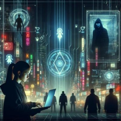 Eine futuristische, dystopische Stadtlandschaft bei Nacht, durchzogen von Neonlichtern und digitalen Anzeigen. Im Vordergrund steht Mia, eine junge, entschlossene Hackerin mit einem Laptop in der Hand, während sie auf ein holografisches Interface blickt. Im Hintergrund sind schemenhaft rivalisierende Fraktionen zu sehen, die sich in einem geheimen Treffen gegenüberstehen. Über allem schwebt ein mysteriöses, leuchtendes Symbol, das die unmanipulierte KI-Datenbank repräsentiert. Die Atmosphäre ist angespannt und geheimnisvoll, mit einem Hauch von Cyberpunk-Ästhetik.