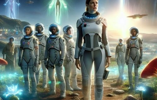 Ein futuristisches Bild einer außerirdischen Landschaft auf dem Planeten "Elysium", mit Captain Lara Kessler und ihrer Crew, die in ihren Raumanzügen die Umgebung erkunden. Im Hintergrund sind die Aetherianer zu sehen, eine einheimische Zivilisation mit leuchtenden, telepathischen Fähigkeiten. Die Szene zeigt eine Mischung aus fortschrittlicher Technologie und natürlicher Schönheit, mit schwebenden Pflanzen und fremdartigen Tieren, die die kulturellen Unterschiede und das Potenzial für Missverständnisse symbolisieren. Die Stimmung ist sowohl neugierig als auch angespannt, mit einem Hauch von Hoffnung auf Frieden und Zusammenarbeit.