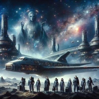 Erstelle ein futuristisches, dramatisches Bild von einer Raummission im All, inspiriert von der Kurzgeschichte "Exodus Omega". Zeige eine hochmoderne Raumstation namens "Nova Terra" im Hintergrund, umgeben von einem Sternenmeer. Im Vordergrund befindet sich ein Raumschiff mit einer gemischten Crew von Astronauten, die unter Spannung stehen. Ein mysteriöses, verlassenes Raumschiff schwebt in der Nähe, mit geisterhaften Zeichen und einer unheilvollen Atmosphäre. Die Szene sollte ein Gefühl von Hoffnung, Gefahr und Ungewissheit vermitteln, während die Crew sich auf eine neue Zukunft vorbereitet.