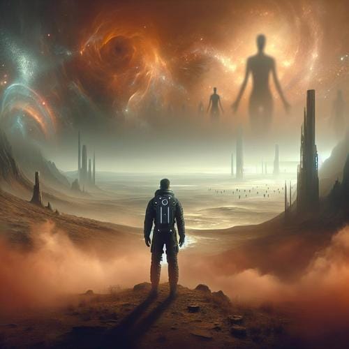 Ein einsamer Mann in einem futuristischen Raumanzug steht auf der kargen, mystischen Landschaft von Titan, umgeben von nebligen, orangefarbenen Wolken und unbekannten, antiken Ruinen. Im Hintergrund sind schwache, geisterhafte Silhouetten von Menschen zu sehen, die in der Ferne flüstern. Der Himmel ist voller fremdartiger, schimmernder Lichter, die eine geheimnisvolle Atmosphäre schaffen.