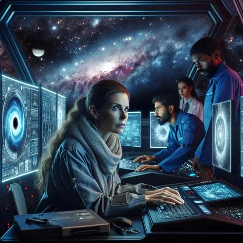 Eine Astronomin in einer futuristischen Raumstation, umgeben von hochentwickelten Computern und Bildschirmen, die ein geheimnisvolles Signal aus der tiefen Galaxie anzeigen. Im Hintergrund ist das weite, sternenübersäte Universum zu sehen. Die Szene zeigt Anspannung und Dringlichkeit, während das Team intensiv arbeitet, um das Signal zu entschlüsseln und die drohende Gefahr zu verstehen.