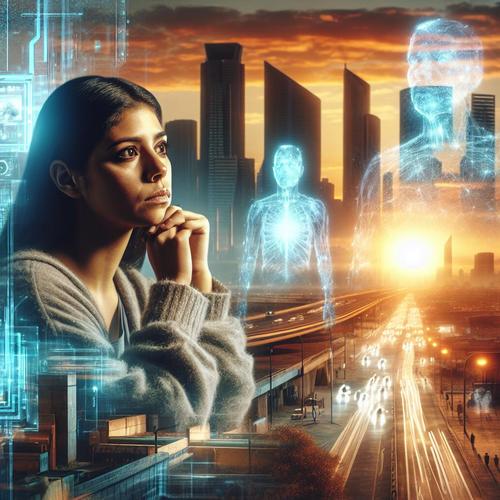 Ein futuristisches, dystopisches Stadtbild bei Sonnenuntergang, das sowohl technologische Fortschritte als auch Verfall zeigt. Im Vordergrund steht eine nachdenkliche Frau, die in die Ferne blickt, umgeben von holografischen Anzeigen der Unsterblichkeitstechnologie. Im Hintergrund sind verblassende Erinnerungen an Familie und Freunde in Form von Geisterbildern zu sehen. Die Atmosphäre ist melancholisch, mit einem Hauch von Hoffnung und einem mystischen Licht, das die Szene erhellt.