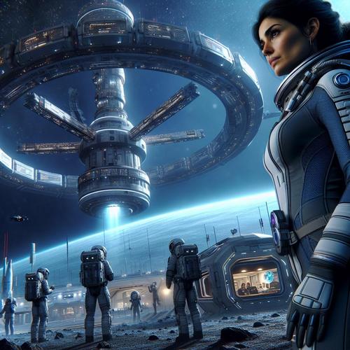 Eine futuristische Raumstation im Weltraum, bekannt als Hyperion-Station, schwebt majestätisch im Orbit eines unbekannten Planeten. Im Vordergrund steht Dr. Elara Voss, eine entschlossene Astrobiologin in einem modernen Raumanzug, die neugierig auf die Station blickt. Im Hintergrund sind verschiedene Besatzungsmitglieder zu sehen, die in einer Mischung aus Hoffnung und Sorge miteinander diskutieren. Die Szene ist von einem geheimnisvollen, blauen Licht erleuchtet, das von der Station ausgeht, während im Hintergrund die Sterne funkeln.