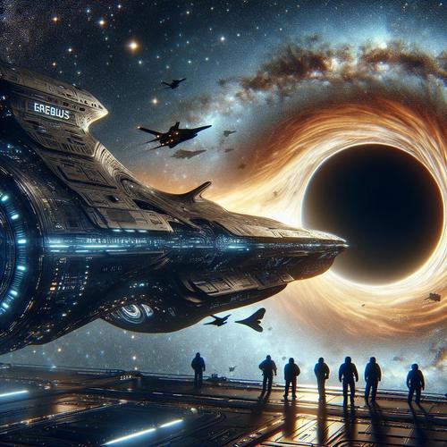 Ein futuristisches Raumschiff mit dem Namen "Erebus" schwebt majestätisch am Rand eines gigantischen Schwarzen Lochs im Weltraum. Die Szene zeigt beeindruckende technologische Details des Raumschiffs, während es von einem mystischen, surrealen Licht umgeben ist, das von dem Schwarzen Loch ausgeht. Im Hintergrund sind ferne Sterne und Galaxien zu sehen, die die Unendlichkeit des Universums andeuten. Innerhalb des Raumschiffs sind die Silhouetten der angespannten und nachdenklichen Crewmitglieder sichtbar, die sich auf das Unbekannte vorbereiten.