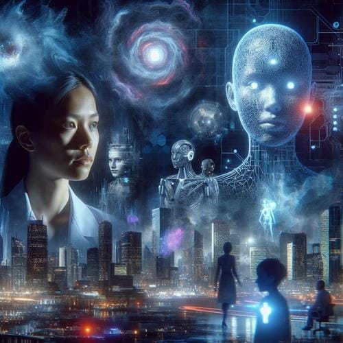 Eine futuristische Stadtlandschaft bei Nacht, in der sich Technologie und Natur vermischen. Im Vordergrund steht Dr. Elena Hartmann, eine Wissenschaftlerin mit nachdenklichem Ausdruck, neben einem holografischen Abbild von "Sirius", einer KI mit einem leuchtenden, abstrakten Gesicht. Im Hintergrund sind verzerrte physikalische Phänomene sichtbar, die Singularitäten darstellen, während Menschen und Maschinen in der Stadt interagieren. Die Atmosphäre ist geheimnisvoll und spannungsgeladen, mit einem Hauch von Hoffnung und Ungewissheit.