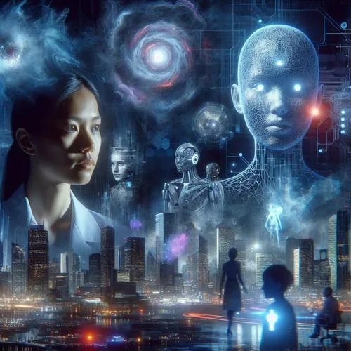 Eine futuristische Stadtlandschaft bei Nacht, in der sich Technologie und Natur vermischen. Im Vordergrund steht Dr. Elena Hartmann, eine Wissenschaftlerin mit nachdenklichem Ausdruck, neben einem holografischen Abbild von "Sirius", einer KI mit einem leuchtenden, abstrakten Gesicht. Im Hintergrund sind verzerrte physikalische Phänomene sichtbar, die Singularitäten darstellen, während Menschen und Maschinen in der Stadt interagieren. Die Atmosphäre ist geheimnisvoll und spannungsgeladen, mit einem Hauch von Hoffnung und Ungewissheit.