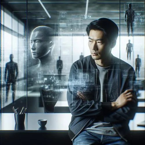 Ein mysteriöser Mann in einem modernen, minimalistischen Büro, umgeben von Bildschirmen, die mit Daten und Algorithmen gefüllt sind. Der Mann wirkt nachdenklich und isoliert, während er auf einen der Bildschirme starrt, der eine komplexe KI-Simulation zeigt. Im Hintergrund sind schemenhafte Figuren und verschwommene Szenen seines Alltags zu sehen, die seine monotone Routine und innere Unzufriedenheit symbolisieren. Die Atmosphäre ist futuristisch und geheimnisvoll, mit einem Hauch von Spannung und technologischem Rätsel.