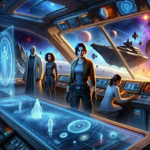 Eine futuristische Szene an Bord eines Raumschiffs, das durch eine mysteriöse, von Anomalien geprägte Zone im Weltraum schwebt. Die Kapitänin Lena steht entschlossen auf der Brücke, während Wissenschaftler Dr. Malik mit einem holografischen Display arbeitet, das alte Zivilisationen zeigt. Ingenieurin Tara überprüft besorgt technische Systeme. Im Hintergrund sind seltsame, leuchtende Phänomene und ein verlassenes, geisterhaftes Raumschiff zu sehen, das im Raum treibt. Die Atmosphäre ist angespannt und geheimnisvoll, mit einem Hauch von Gefahr und Entdeckung.