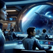 Eine futuristische Raumstation namens "Elysium" schwebt im Weltraum, während Captain Mira Wells durch ein großes Fenster auf einen entfernten Planeten blickt. Im Hintergrund sind mehrere Crewmitglieder in einem modernen Kommandozentrum zu sehen, die angeregt über ein rätselhaftes Signal diskutieren, das auf einem großen Bildschirm angezeigt wird. Die Szene ist in kühlen, metallischen Farben gehalten, die die technologische Umgebung betonen.