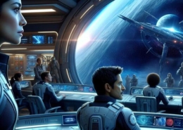 Eine futuristische Raumstation namens "Elysium" schwebt im Weltraum, während Captain Mira Wells durch ein großes Fenster auf einen entfernten Planeten blickt. Im Hintergrund sind mehrere Crewmitglieder in einem modernen Kommandozentrum zu sehen, die angeregt über ein rätselhaftes Signal diskutieren, das auf einem großen Bildschirm angezeigt wird. Die Szene ist in kühlen, metallischen Farben gehalten, die die technologische Umgebung betonen.