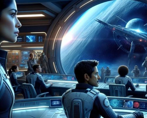 Eine futuristische Raumstation namens "Elysium" schwebt im Weltraum, während Captain Mira Wells durch ein großes Fenster auf einen entfernten Planeten blickt. Im Hintergrund sind mehrere Crewmitglieder in einem modernen Kommandozentrum zu sehen, die angeregt über ein rätselhaftes Signal diskutieren, das auf einem großen Bildschirm angezeigt wird. Die Szene ist in kühlen, metallischen Farben gehalten, die die technologische Umgebung betonen.