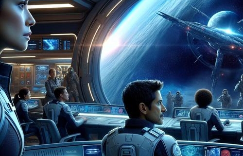 Eine futuristische Raumstation namens "Elysium" schwebt im Weltraum, während Captain Mira Wells durch ein großes Fenster auf einen entfernten Planeten blickt. Im Hintergrund sind mehrere Crewmitglieder in einem modernen Kommandozentrum zu sehen, die angeregt über ein rätselhaftes Signal diskutieren, das auf einem großen Bildschirm angezeigt wird. Die Szene ist in kühlen, metallischen Farben gehalten, die die technologische Umgebung betonen.