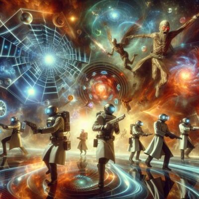 Ein episches Science-Fiction-Bild, das eine dramatische Schlacht zwischen Wissenschaftlern und Zeitpiraten in einer futuristischen Umgebung zeigt. Die Szene spielt in einem kaleidoskopischen Raum, der durch verschiedene Zeitlinien und alternative Realitäten verzerrt ist. Im Vordergrund stehen Wissenschaftler in hochentwickelten Anzügen, die fortschrittliche Technologie nutzen, um die Zeitlinien zu stabilisieren. Im Hintergrund sind die antagonistischen Zeitpiraten zu sehen, die mit futuristischen Waffen angreifen. Die Atmosphäre ist angespannt und voller Energie, während die Protagonisten mutige Entscheidungen treffen, um das Schicksal des Universums zu bestimmen.