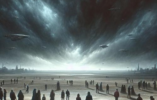 Ein dramatisches Science-Fiction-Bild, das eine düstere, apokalyptische Landschaft zeigt, in der Menschen unter einem bedrohlichen, dunklen Himmel stehen. Am Horizont sind schemenhafte, außerirdische Raumschiffe zu sehen. Die Menschen wirken ängstlich und hoffnungsvoll, während sie sich in kleinen Gruppen versammeln. Einige führen hitzige Diskussionen, andere bieten einander Trost. Die Szenerie spiegelt eine Atmosphäre der Spannung und des bevorstehenden Wandels wider.