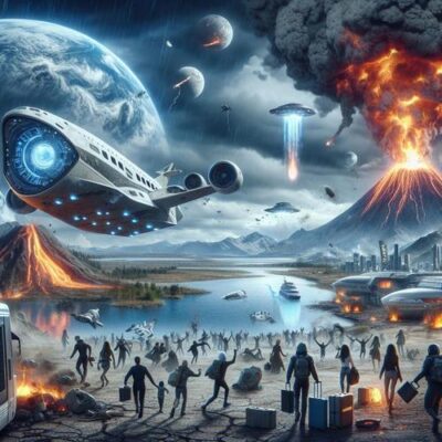 Eine futuristische Szene, die den Untergang der Erde zeigt: Apokalyptische Landschaft mit Naturkatastrophen wie Vulkanausbrüche und Stürme, Menschen in Panik, die sich auf den Weg zu Raumschiffen machen, um die Erde zu verlassen. Im Hintergrund ein riesiges Raumschiff, das als Projekt „Neue Heimat“ bekannt ist, bereit zum Abflug in den Weltraum.