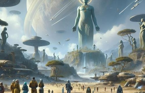 Ein futuristischer Kolonialplanet mit einer mysteriösen, gigantischen Statue im Mittelpunkt. Die Umgebung zeigt Anzeichen von Terraformierung, mit seltsamen Phänomenen am Himmel. Im Vordergrund stehen Kolonisten, die die Statue neugierig betrachten. Im Hintergrund beginnen die Statuen, sich in lebendige, götterähnliche Wesen zu verwandeln. Die Atmosphäre ist geheimnisvoll und voller Spannung, während die Kolonisten über das Schicksal ihrer Kolonie und die wahren Absichten der Götter diskutieren.