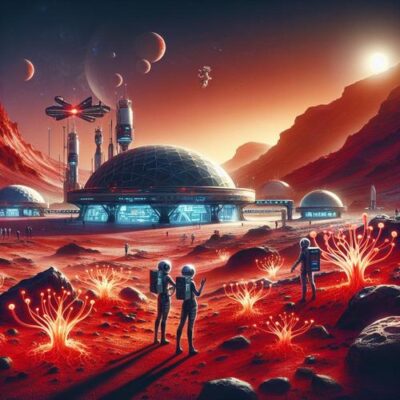 Ein futuristisches Mars-Landschaftsbild, das eine Terraforming-Station zeigt, umgeben von rotem Sand und Felsen. Wissenschaftler und Ingenieure in Raumanzügen stehen im Vordergrund und beobachten seltsame, leuchtende Lebensformen, die aus dem Boden sprießen. Im Hintergrund sind Kuppeln und technische Anlagen zu sehen, die die fortschrittliche Technologie der Menschen darstellen. Der Himmel ist ein tiefes Rot mit einem Hauch von Orange, was die fremde und mysteriöse Atmosphäre des Mars unterstreicht.