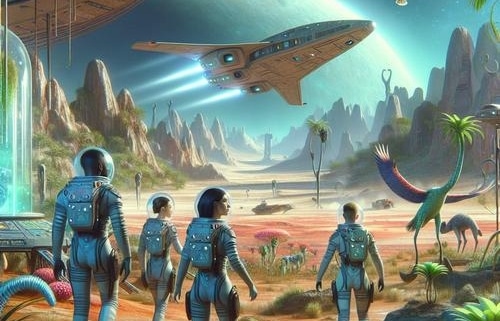 Ein futuristisches Raumschiff landet auf einem mysteriösen Planeten mit einer seltsamen, surrealen Landschaft. Pflanzen und Tiere bewegen sich rückwärts, während die Crew in ihren Raumanzügen verwirrt zuschaut. Im Hintergrund sind seltsame Ruinen und ein leuchtendes Portal zu sehen, das in die Luft schwebt. Die Atmosphäre ist geheimnisvoll und spannend, mit einem Hauch von Gefahr und Entdeckung.