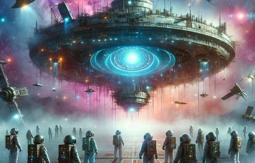 Erstelle ein Bild einer futuristischen Weltraumlandschaft mit einem alten, geheimnisvollen Raumschiff, das in einem dichten Nebel schwebt. Im Vordergrund stehen neugierige Astronauten in modernen Raumanzügen, die das Schiff untersuchen. Im Hintergrund ist eine ferne Galaxie sichtbar, die in leuchtenden Farben strahlt. Elemente der fortschrittlichen Technologie des Raumschiffs sind sichtbar, mit einem mysteriösen, glühenden Energiequelle, die eine magische Aura ausstrahlt. Die Szene soll eine Mischung aus Spannung und Entdeckung vermitteln.